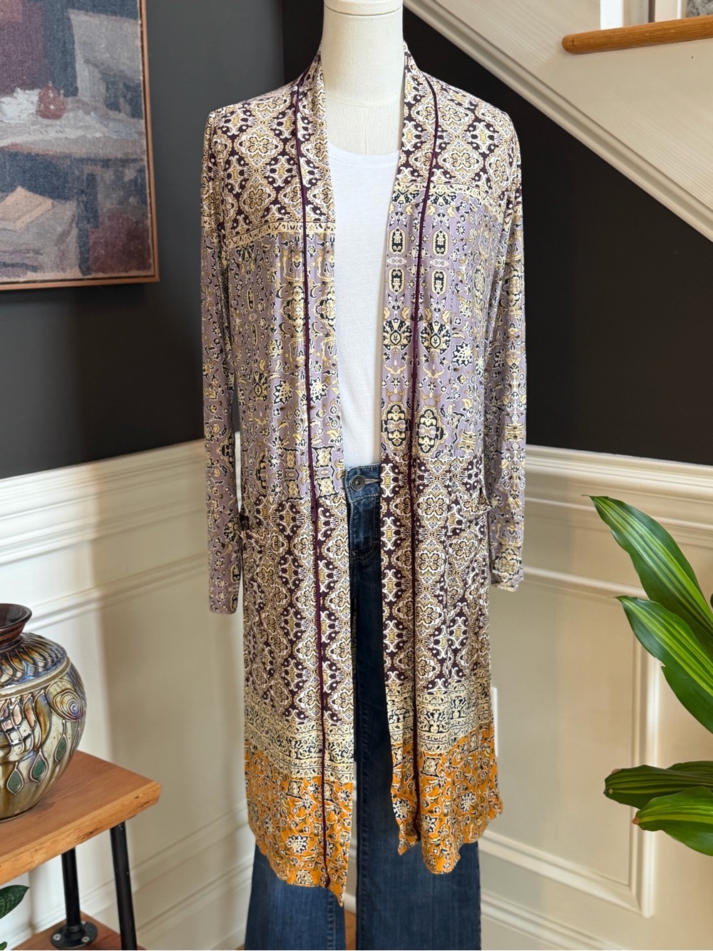 Boho LOGO by Lori Goldstein‎ Paisley Duster Cardigan Purple/Gold XS